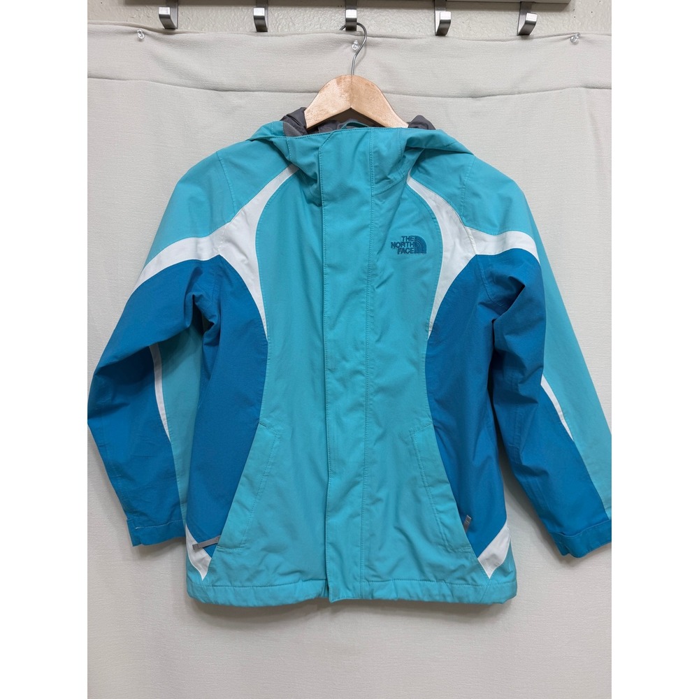 The North Face HyVent Blue White Colorblock Hooded Rain Jacket Girl Medium 10/12